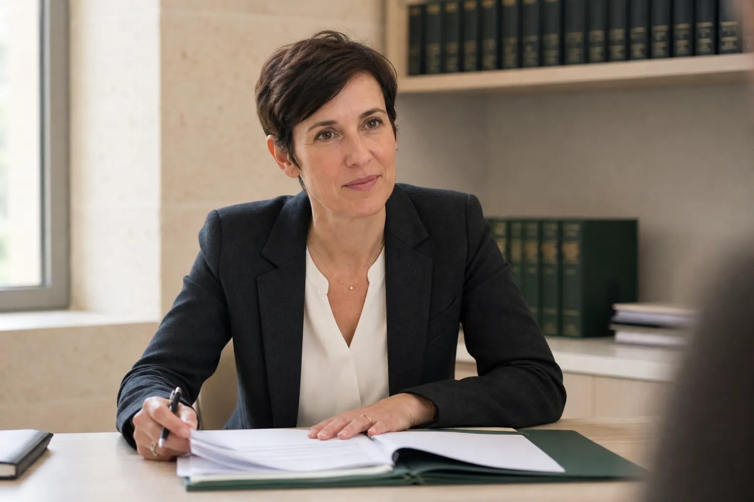 Avocate examinant un dossier dans son cabinet