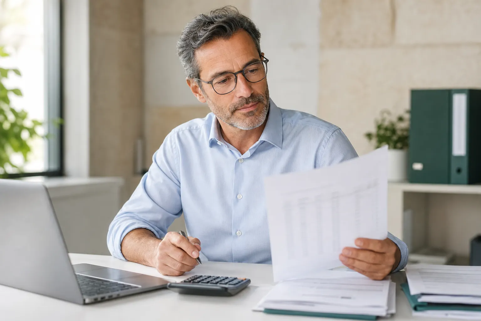 Expert-comptable vérifiant des pièces comptables à son bureau