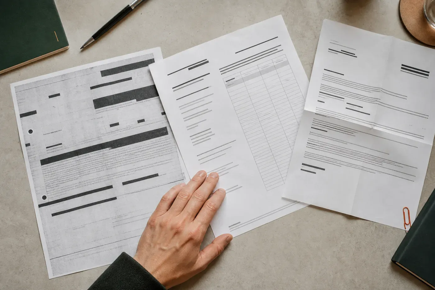 Documents imprimés, tableau et photocopie en cours de vérification sur un bureau